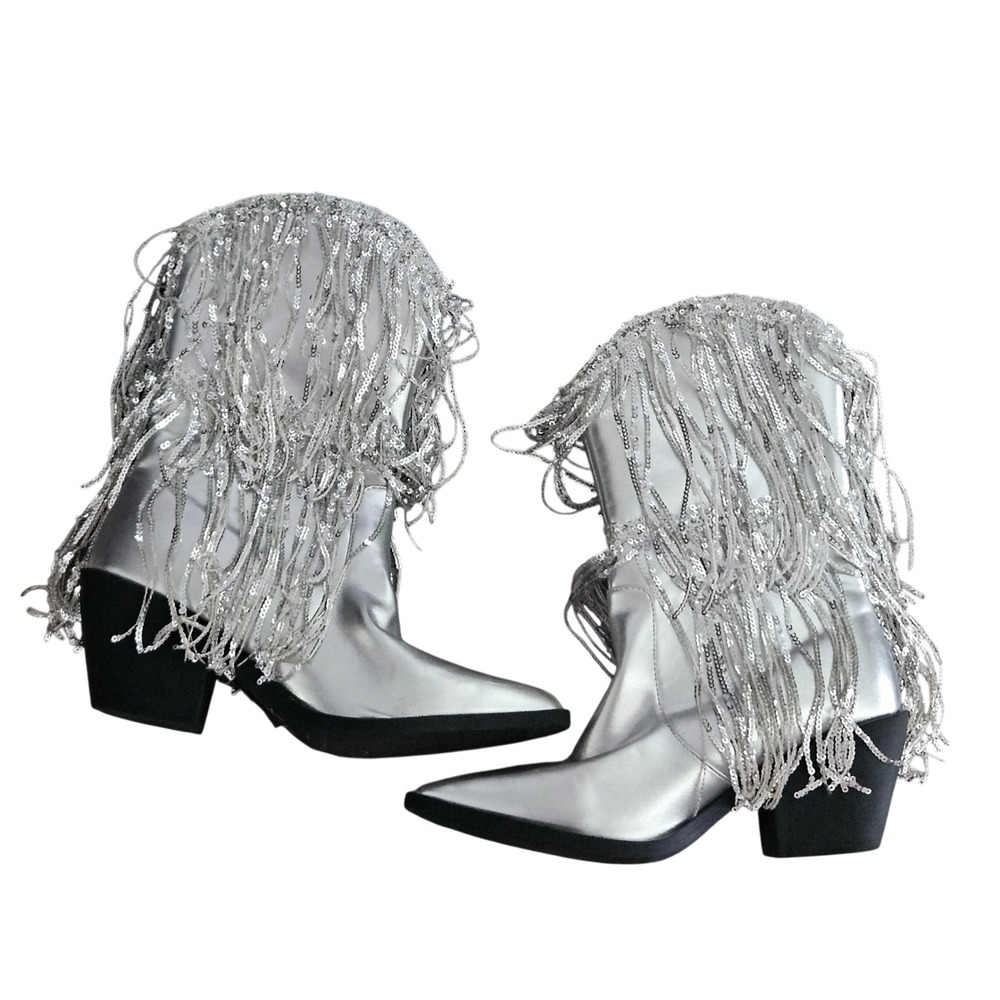 Silver Metallic Sequin Fringe Western Ankle Boots Pointed Toe Block Heel Size 36